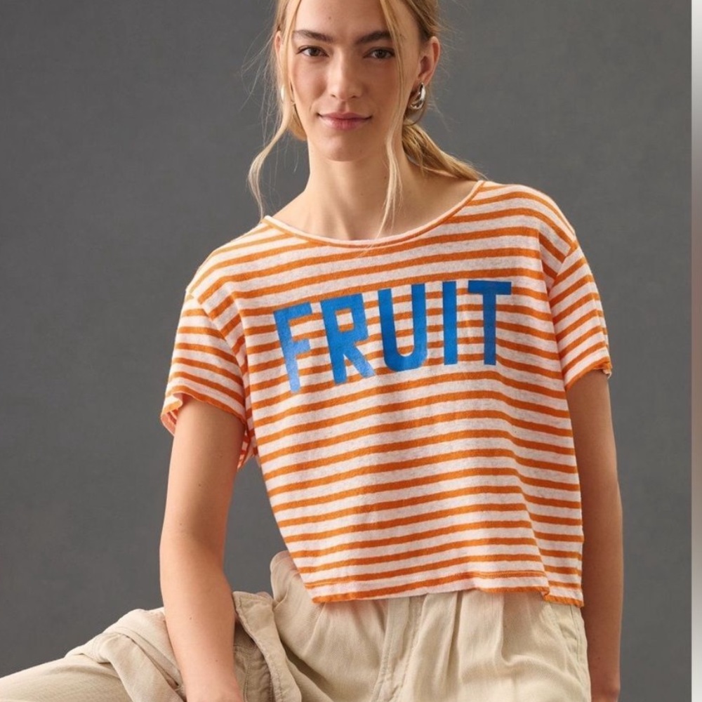 MOTHER Denim Rowdy Fruit Crop Linen Cotton Tee, Size M